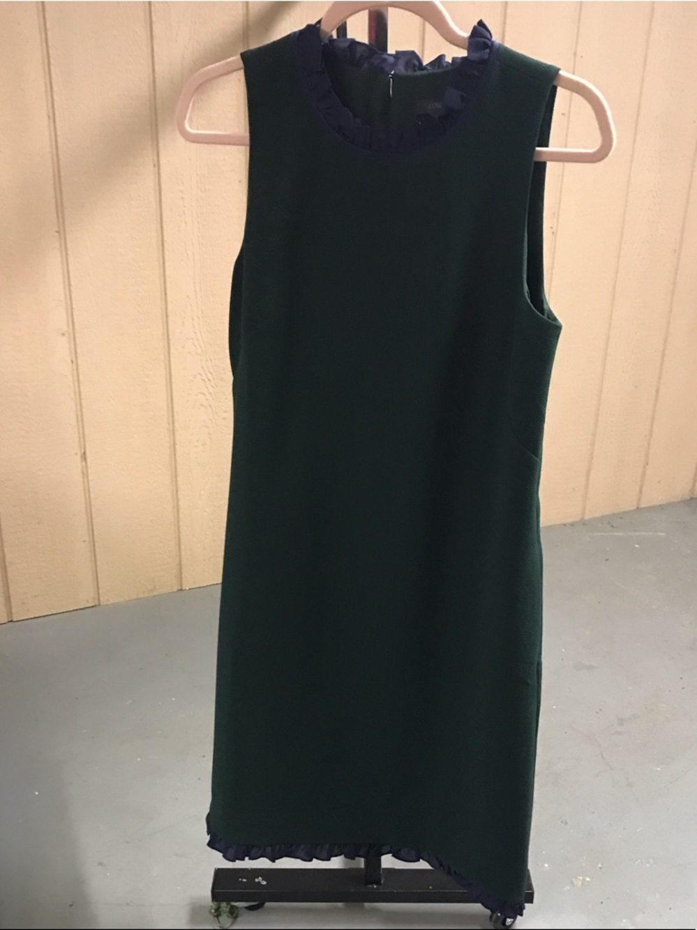 J. Crew Dark Green Sleeveless Shift Dress with Navy Ruffle Trim